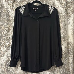 Women’s button up blouse with silver sequin embellished shoulders